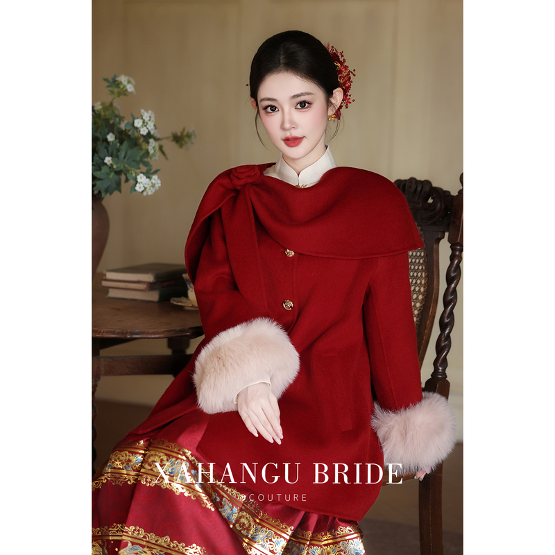 Xiaohan Valley【Begonia】Red Wool Coat Engagement Dress Autumn and Winter Bride Wedding Toasting Outfit Jacket