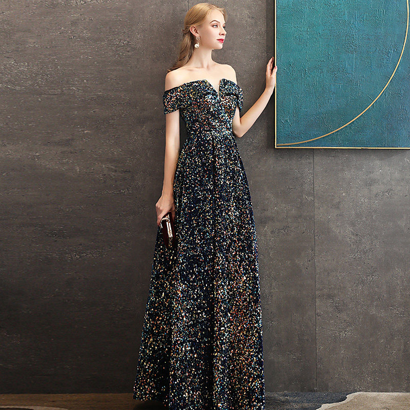 Evening dress women 2020 new fashion ladies one shoulder slimming evening banquet host sequin