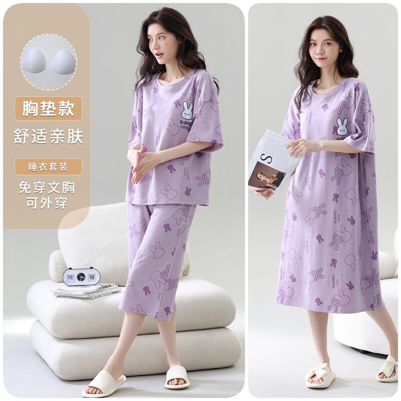 Three-Piece Pajama Set for Women, Summer Pure Cotton Short-Sleeved Three-Quarter Pants with Chest Pad, One-Piece Nightgown, Large Size, Thin Style, Home Wear