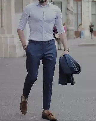 Four seasons new European and American men's slim body, navy blue nine-point fashion free ironing small feet, trousers tide man