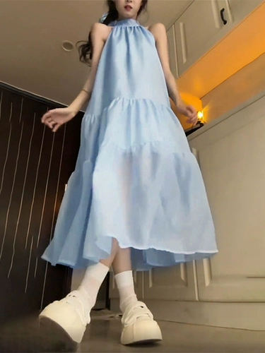 Синее летнее платье, длинная юбка, французский стиль, эффект подтяжки, подходит для подростков