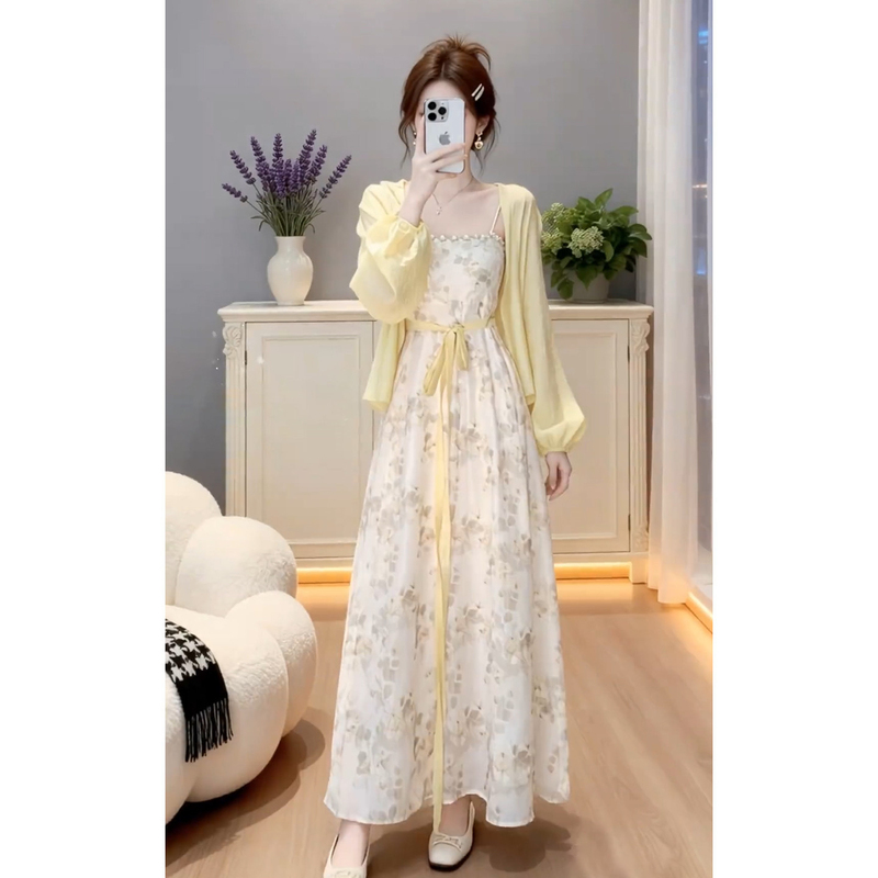French-Style Floral Spaghetti Strap Dress for Women, Summer 2026 New Model, Very Beautiful Early Autumn Korean Style Outfit Set, Long Dress French-Style Floral Spaghetti Strap Dress for Women, Summer 2026 New Model, Very Beautiful Early Autumn Korean Style Outfit Set, Long Dress
