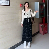 Абрикосовый черный кардиган, длинное платье-комбинация, комплект