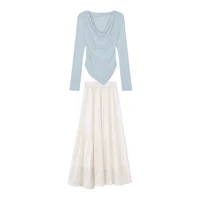 Синий топ + кремово-белая юбка 1 [Комплект] [Тип Миу, тип соли, маленький человек, чайный тип, ранняя весенняя одежда, полный комплект корейского стиля, уличный стиль, мода, уменьшающая возраст, популярный стиль, милая девушка, шикарный, красивый, элитный, и дерзкий, стиль Миу, живой, уменьшающий возраст гонконгский стиль]