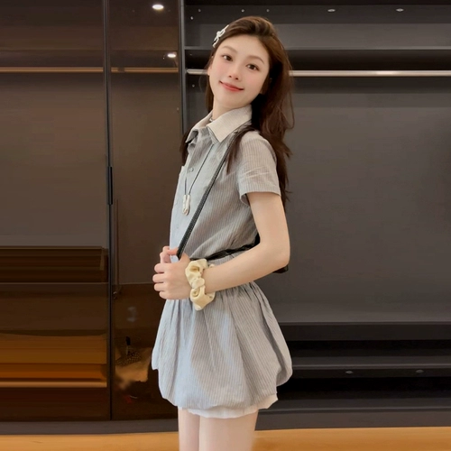 Летняя рубашка, корсет, мини-юбка, французский стиль, воротник поло, подходит для подростков