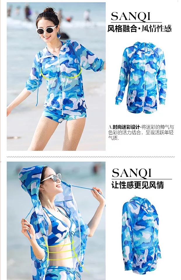 Ngụy trang áo tắm nữ ba mảnh boxer bikini bãi biển nam và nữ mẫu đôi áo chống nắng mùa xuân bơi lội đồ đôi nam nữ đi biển
