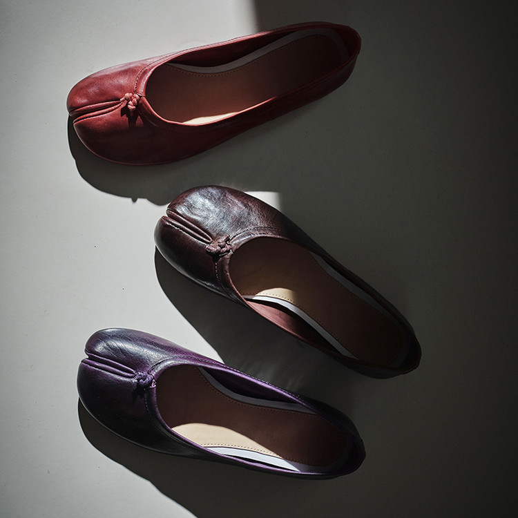 【Lin Cici】Chocolate Mousse~ Split-Toe Flat Horsehide Shoes with Shallow Mouth, Artistic Style, Retro Style for All Seasons