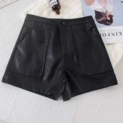 Quần short da 1821pu nữ mùa thu và mùa đông eo cao Slim Một từ quần ống rộng phiên bản Hàn Quốc là quần lửng đế xuồng hoang dã