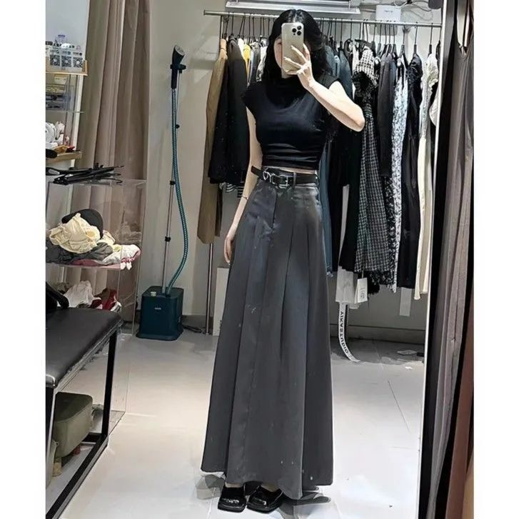 Black Long Umbrella Skirt, French-Style Suit Skirt, Women's New Autumn High-Waisted Slimming Large Hem Pleated Skirt
