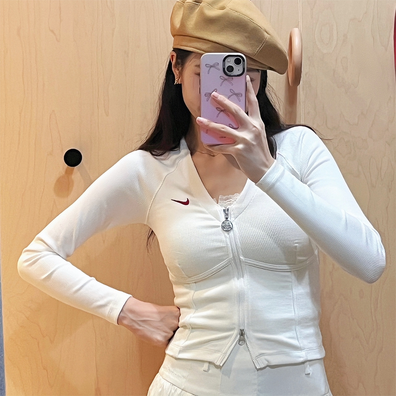 Nike New Women's Jacket Fishbone V-Neck Slim Embroidered Cardigan Base Shirt Knitwear Hf1133