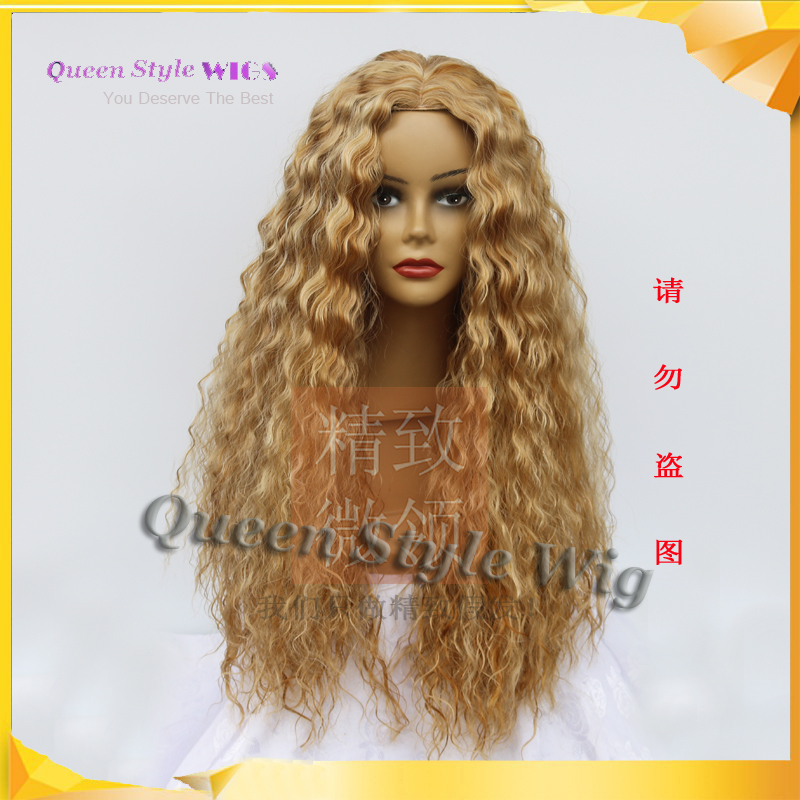 Trendy Long Curly Hair in Europe and America, Golden Afro Wig, African Curly Wig, Long Hair with Middle Parting, Golden Real-Shot Wig