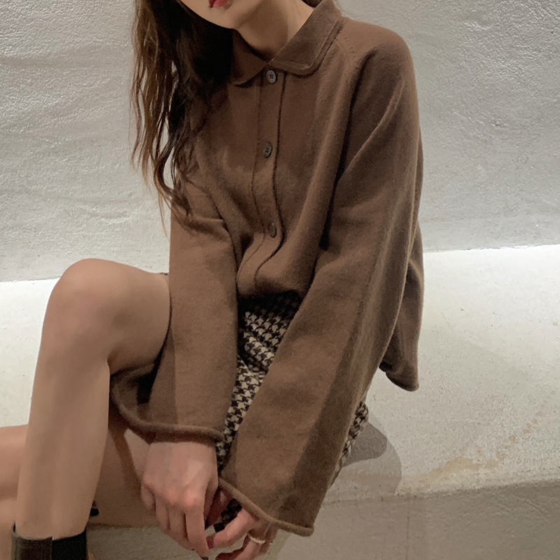 Real shot Brown languid retro sweater autumn and winter loose and gentle Japanese versatile knitting cardigan