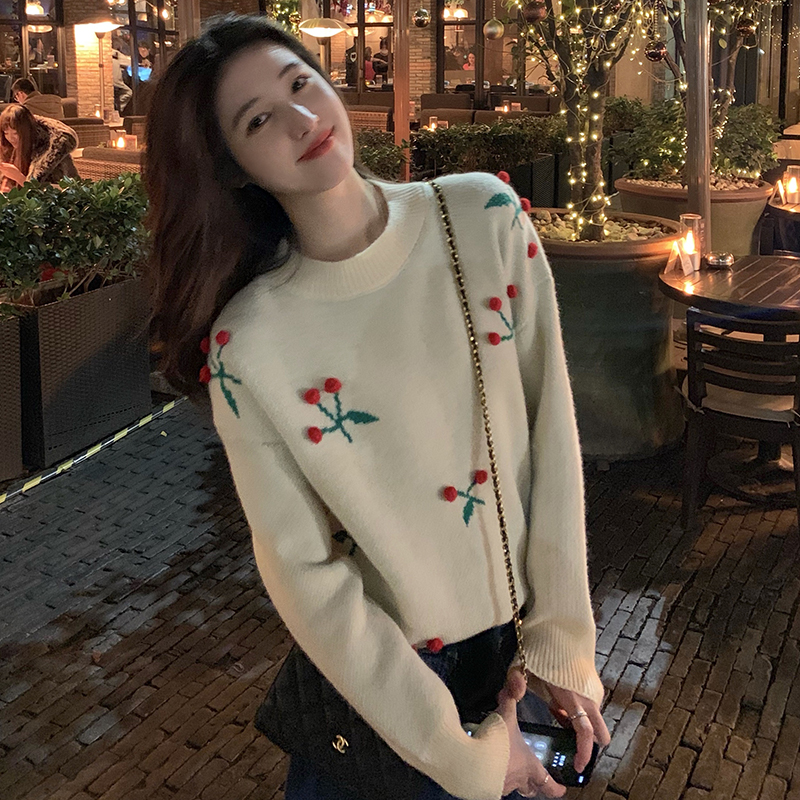 Real shot autumn and winter show thin three-dimensional thickening jacquard cherry wool ball junior sweater top sweater