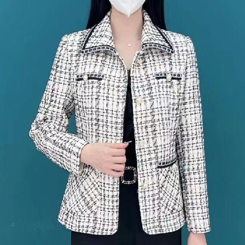 Spring and Autumn New Style Chanel-Inspired Women's Plaid Jacquard Blazer, Loose Fit, Petite Fashion, Short Jacket for Moms
