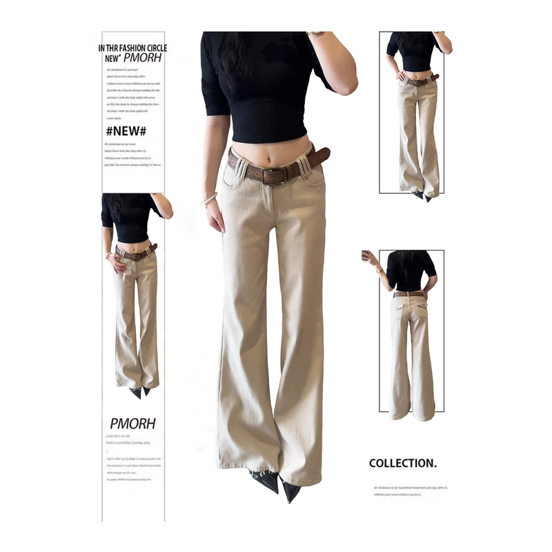 Pmorh Summer New Retro Khaki Washed Slim-Fit Low-Waist Trendy Flared Jeans