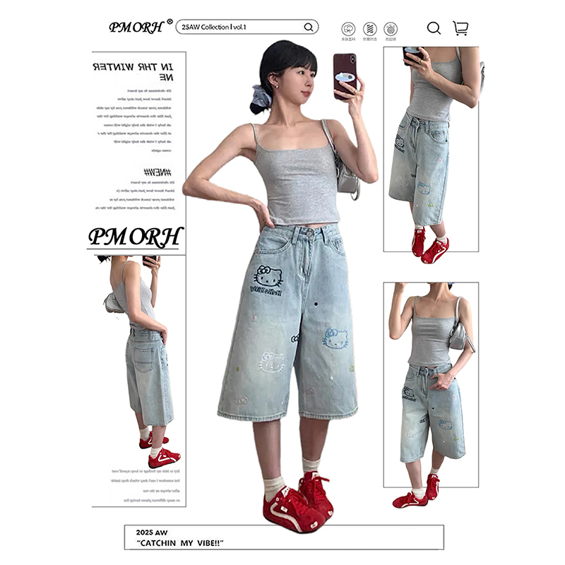 Pmorh Retro Style Kitty Cat Embroidered Design Jeans for Women, New Summer Style, Lazy Style, Slimming Cropped Pants