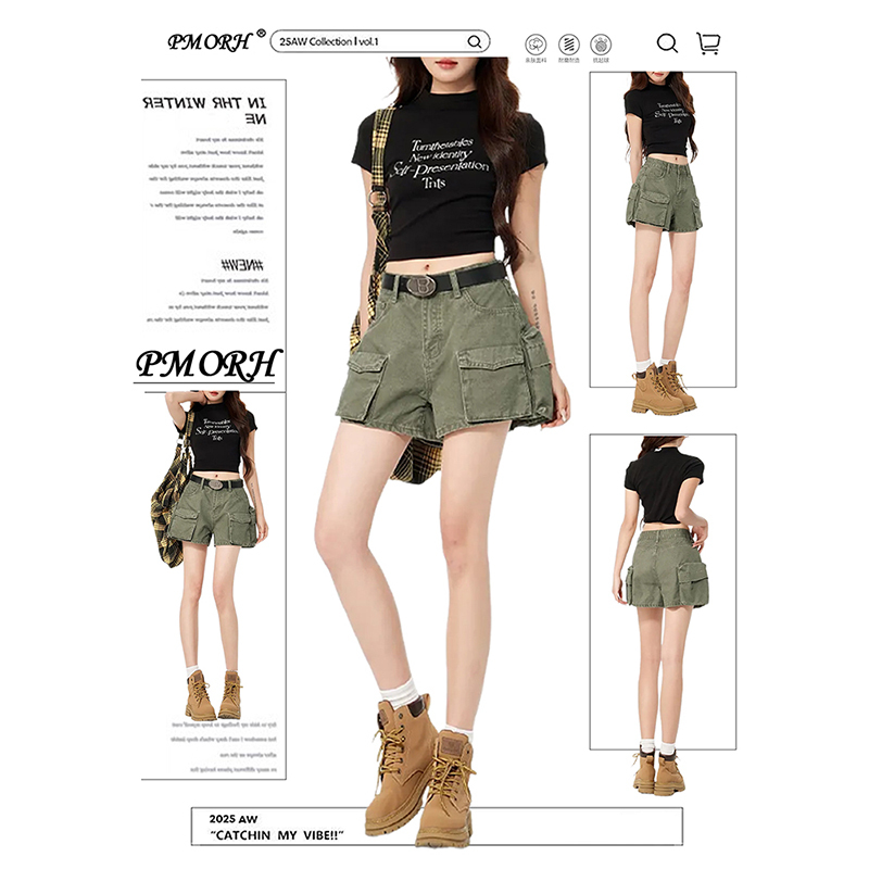 Pmorh American-Style Multi-Pocket High-Waisted Cargo Denim Shorts for Women, New Summer Military Green Slimming A-Line Hot Pants Trendy Pmorh American-Style Multi-Pocket High-Waisted Cargo Denim Shorts for Women, New Summer Military Green Slimming A-Line Hot Pants Trendy