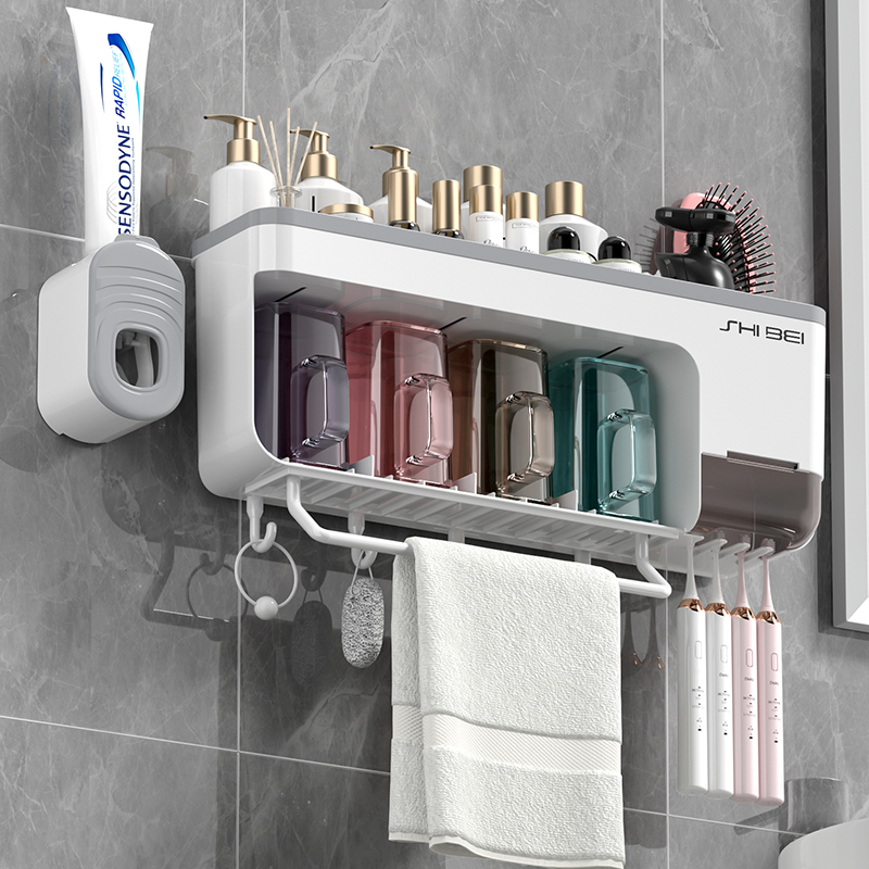 Toothbrush Shelf Wall-mounted containing Perforated Tooth Cylinder Squeeze Toothpaste Theist Toilet Gargling Cup Family Suit-Taobao