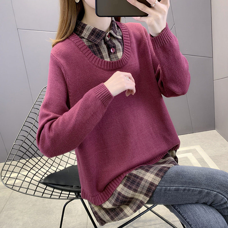 Spring clothing 2022 new blouses fake two sets of plaid shirt collar needlework shirts Korean version easy to hit bottom sweaters women