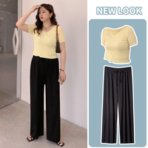 Ice silk wide leg pants womens 2021 new spring and autumn summer thin hanging loose straight tube high waist fat mm size casual pants