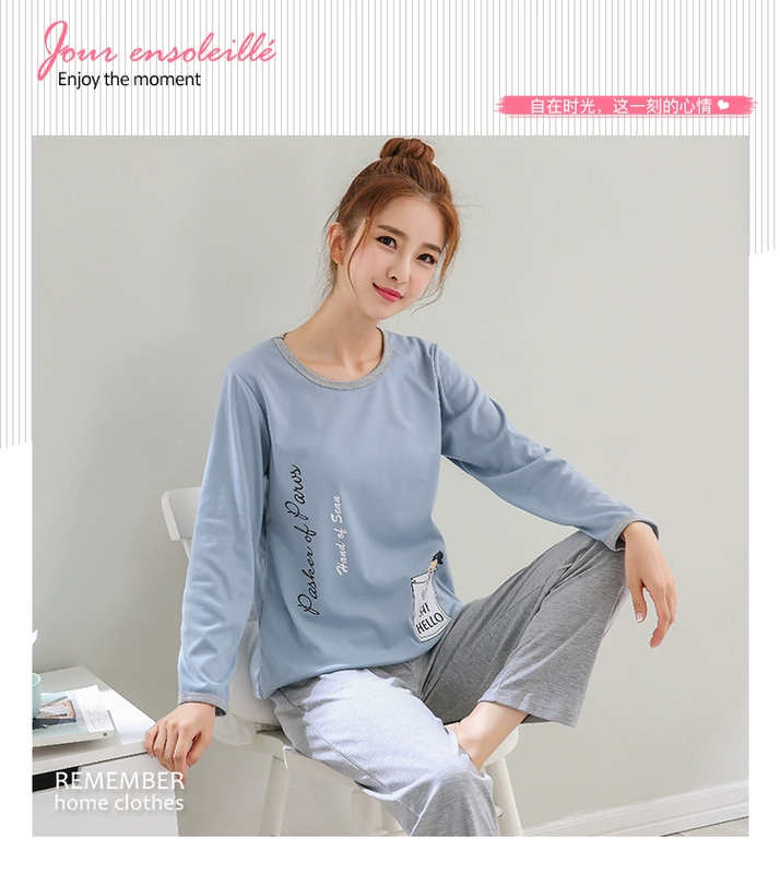 Bộ đồ ngủ dài tay mùa xuân và mùa thu nữ mùa thu cotton mỏng phiên bản Hàn Quốc của bộ đồ cotton tươi mát phù hợp với mùa hè áo kiểu nữ