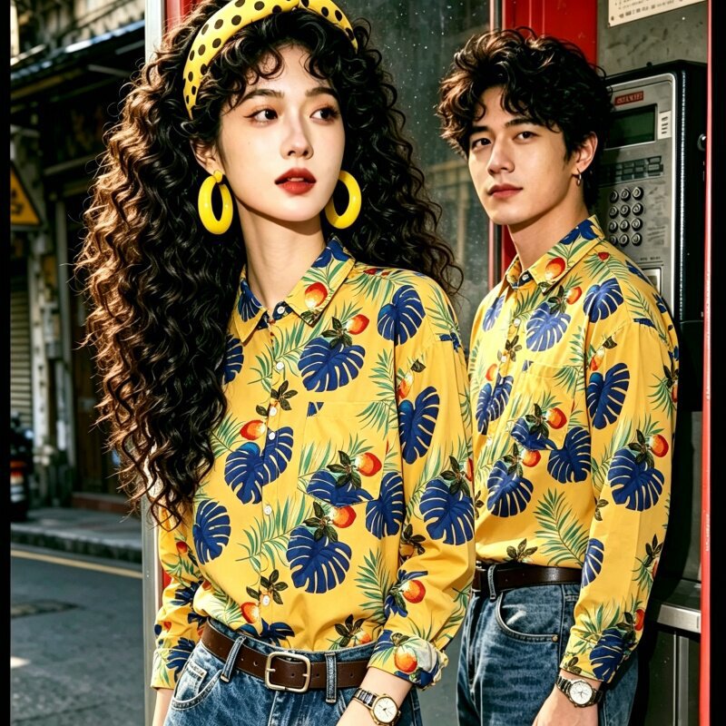 Hong Kong-Style Retro Party Vintage Photos, Wedding Photos, Y2K Outfits, Studio Floral Shirts, Long-Sleeve Couple Outfits for Men and Women
