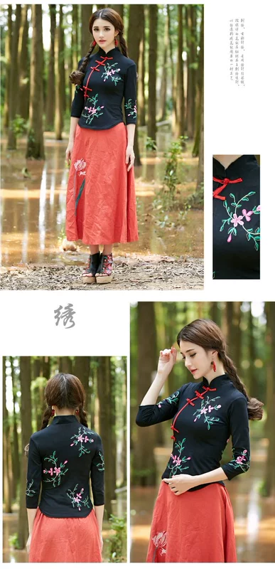 2018 phong cách dân tộc xuân hè mới nặng nề với đầy đủ chất liệu cotton thêu bảy điểm cổ áo cổ áo Đầm thun nữ dáng lửng áo phông rộng