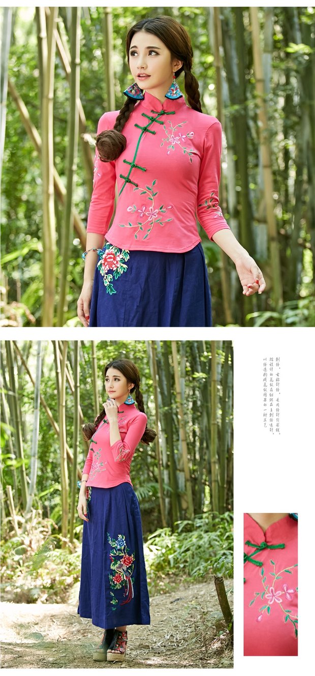 2018 phong cách dân tộc xuân hè mới nặng nề với đầy đủ chất liệu cotton thêu bảy điểm cổ áo cổ áo Đầm thun nữ dáng lửng áo thu đông dài tay nữ