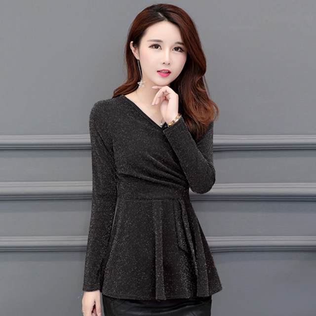 Women's bottoming shirt long-sleeved t-shirt small shirt mid-length autumn and winter large size slim fit all-match V-neck pleated mesh top clothes tide