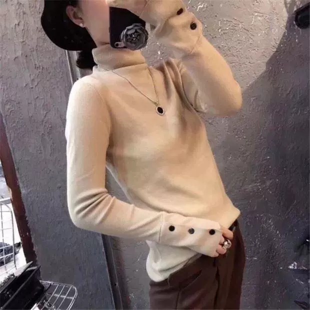 Phiên bản châu Âu 2018 phiên bản Hàn Quốc mới của set đồ len nữ hoang dã Slim mỏng đầu thu cổ cao áo len thổ cẩm