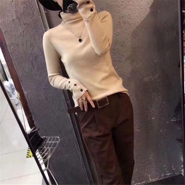 Phiên bản châu Âu 2018 phiên bản Hàn Quốc mới của set đồ len nữ hoang dã Slim mỏng đầu thu cổ cao áo len gile