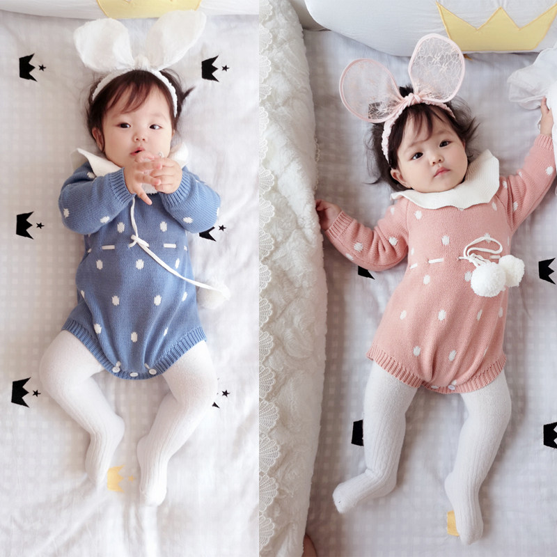 Korean autumn and winter female baby triangle knitted climbing suit Polka dot thickened ruffle collar jumpsuit ins Girls ' clothes