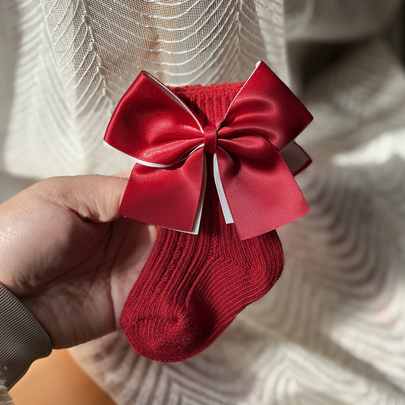 ins children's Christmas New Year socks double butterfly knots wool socks Spanish midbarrel baby stockings baby socks