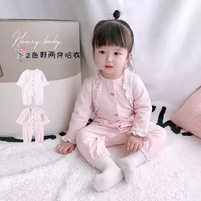 韩国婴儿装女宝宝连体衣满月百日宴假两件可爱公主哈衣外出爬爬服