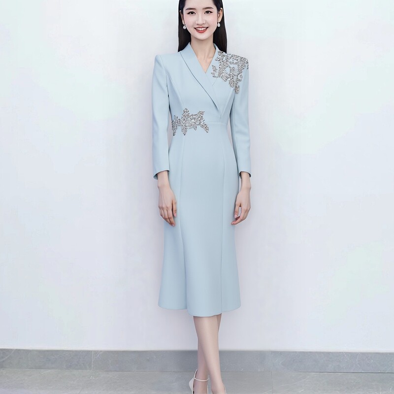 2026 New Intellectual and Elegant Style Blue Suit Collar Long-Sleeved Dress for Women, Mid-Length Waist-Cinching Hostess Evening Dress