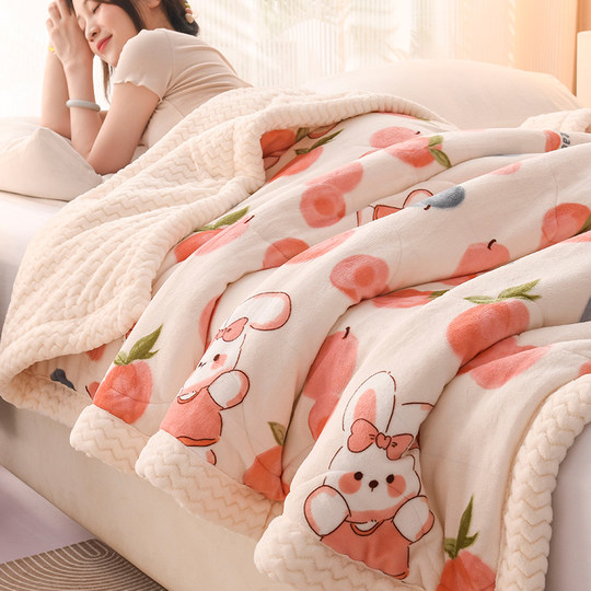 Coral Fleece Blanket Quilt, Winter Three-Layer Thickened Flannel Milk Fleece Blanket for Bed, Air Conditioning Cover Blanket for Nap