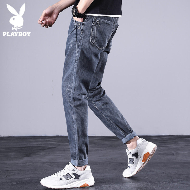 Flowers Playboy Summer jeans Men's casual currents Han version Thunderfoot 100 lap slim fit long pants male pants