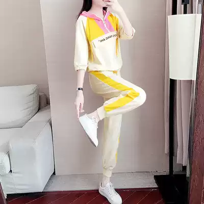 Hong Kong leisure sports suit women's autumn 2021 new foreign style hooded sweatshirt seven-piece sleeve two-piece set