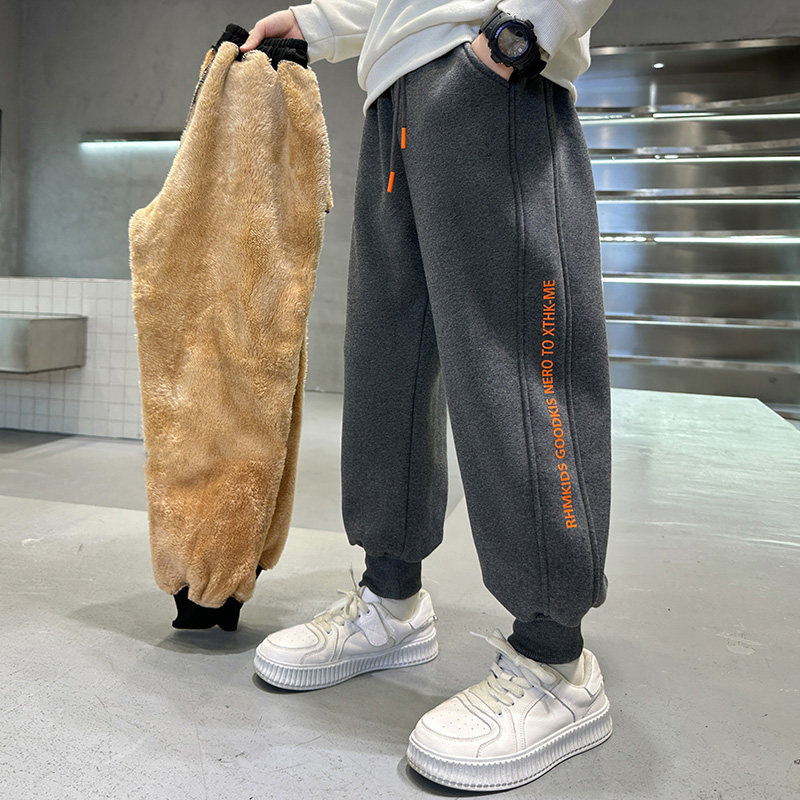 Boy pants winter new gush loose children long pants lamb suede CUHK boy sports pants thick integrated boy-Taobao