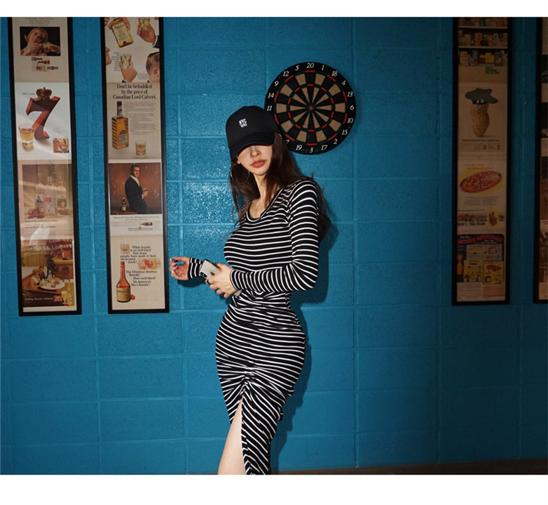 VK旗艦店 韓系時尚氣質修身性感條紋長袖洋裝