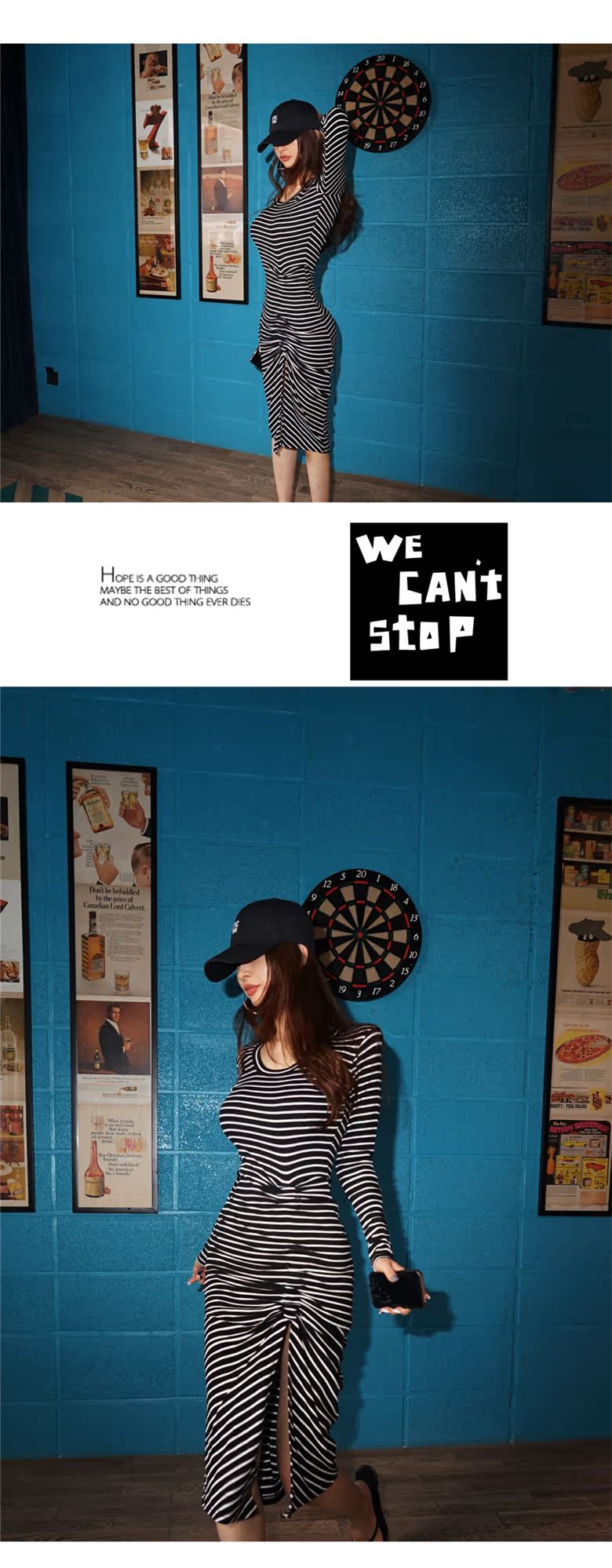 VK旗艦店 韓系時尚氣質修身性感條紋長袖洋裝