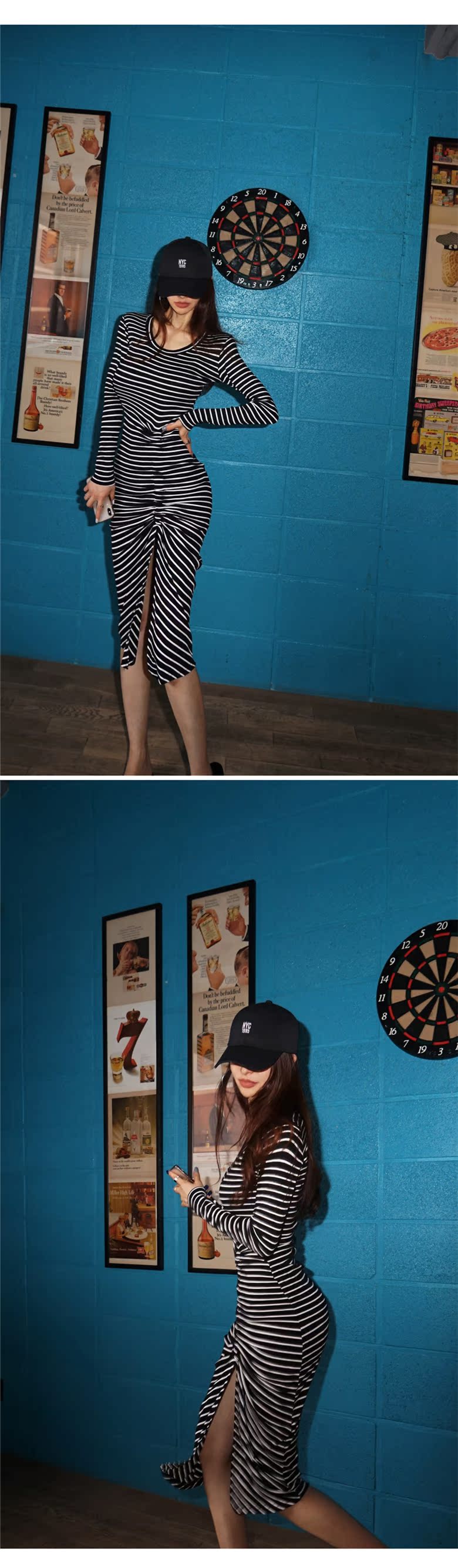 VK旗艦店 韓系時尚氣質修身性感條紋長袖洋裝