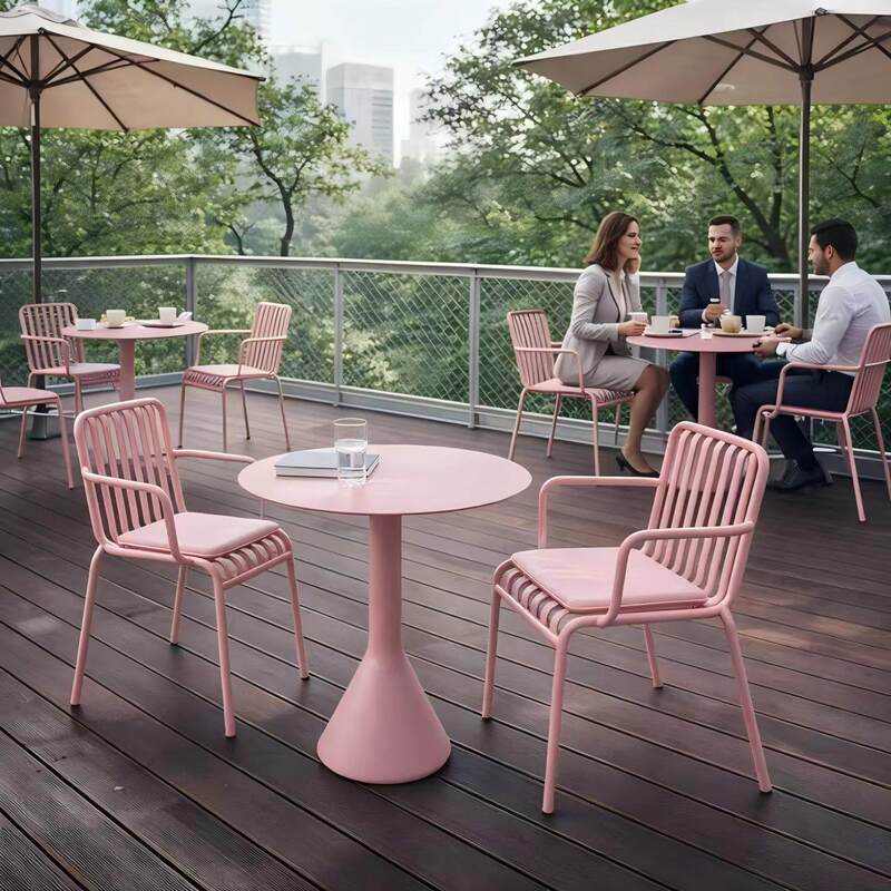 Light Luxury Style Pink Wrought Iron Table and Chair Set for Outdoor Patio Balcony Leisure, Popular Online, One Table and Two Chairs, Waterproof and Sun-Resistant