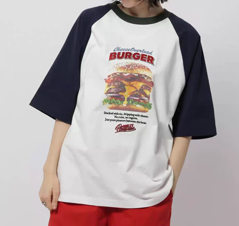 Clearance Price Japanese Style T-Shirt for Women 2026 Summer New Color-Blocking Print Patchwork Raglan Sleeve Pizza Cotton Mid-Sleeve