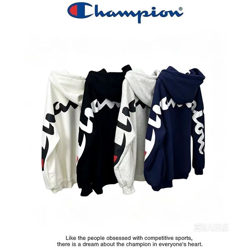 Champion New Letter Print Hooded Sweatshirt for Men, Autumn and Winter, Fleece-Lined, Thick, Loose Fit, Couple's Pullover Top, Trendy Jacket