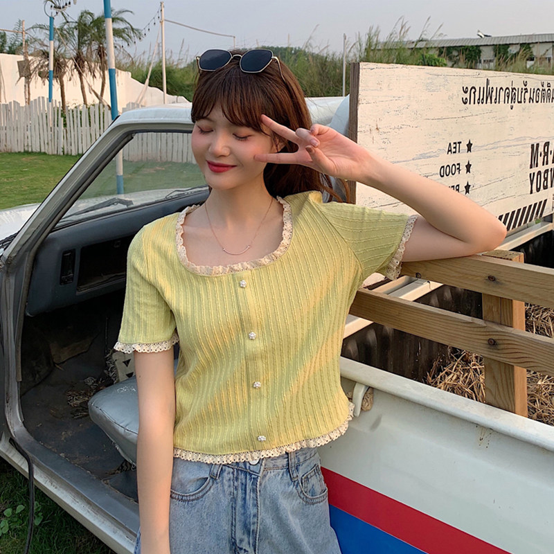 Thin Ice Silk Knit Cardigan Woman collar Short sleeves Positive Shoulder Blouse Lace Side Design Sensation Slim-skinny short T-shirt