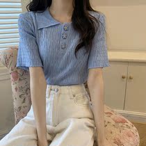 2022 New Design Sensation Ice Silk Knit Cardigan Summer Short Sleeve T-shirt Slim polo shirt Short Sweet Blouse