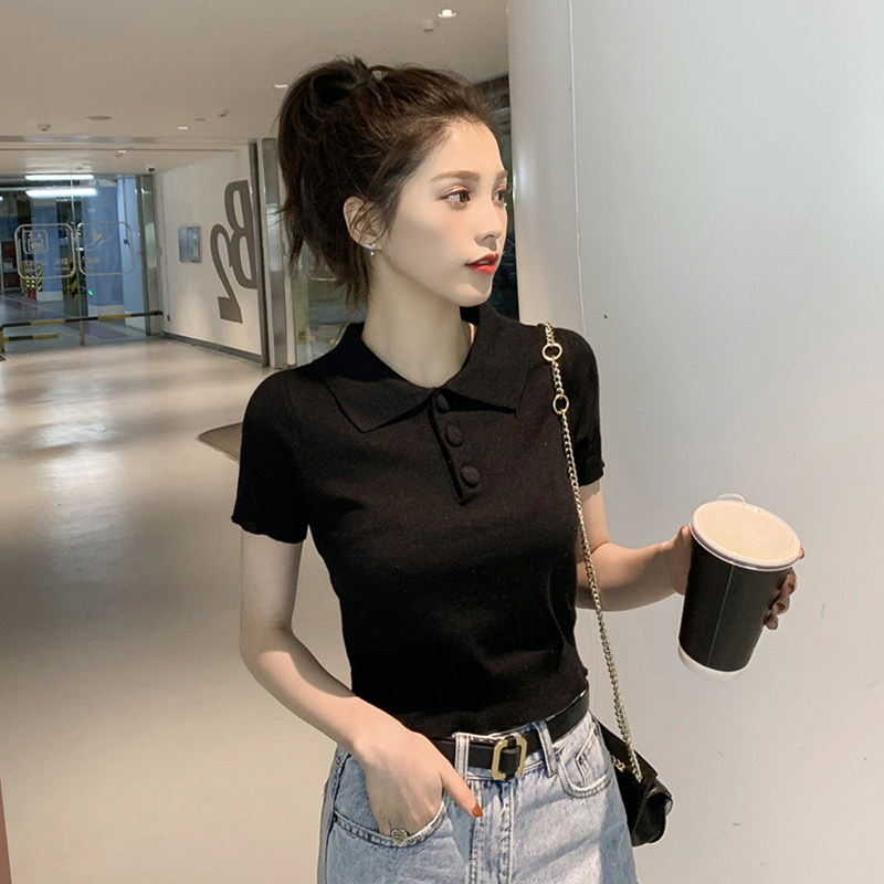 Summer new Korean version Black Polo collar ice-knitted sweatshirt with short sleeve T-shirt for short sleeves T-shirt