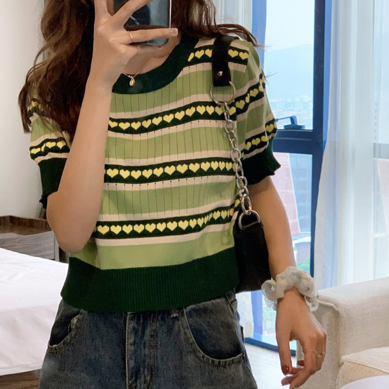 Bull Oil Fruits Green Short Sleeve Striped T-shirt Woman Summer Design Sense Round Neckline Collared Ice Silk Knit Cardigan Short