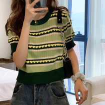 Bull Oil Fruits Green Short Sleeve Striped T-shirt Woman Summer Design Sense Round Neckline Collared Ice Silk Knit Cardigan Short